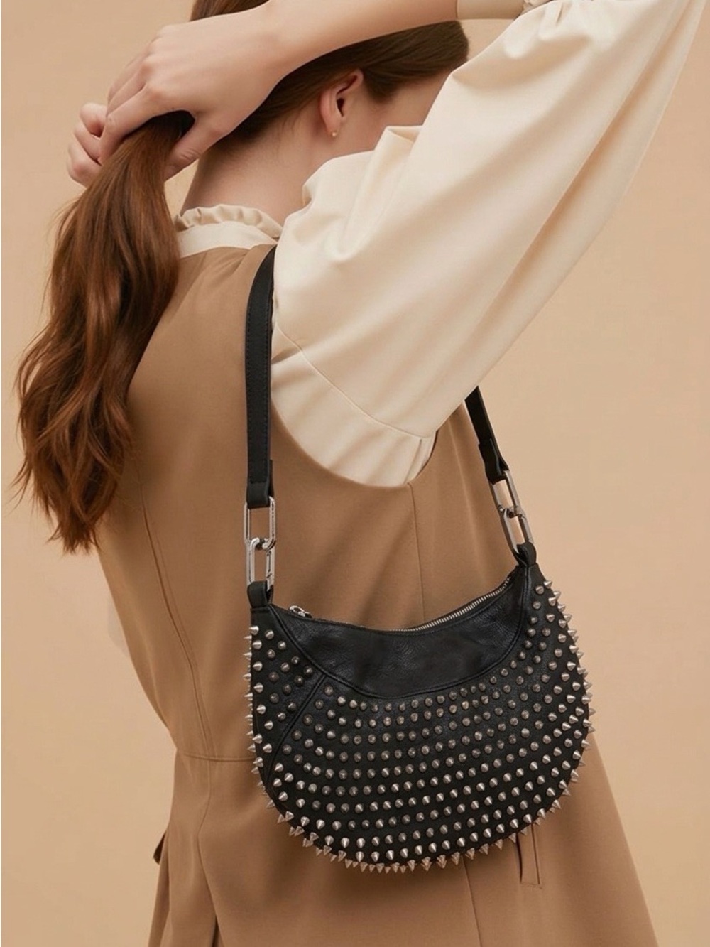 All Saints Luna Black Studded Half-Moon Shoulder Bag